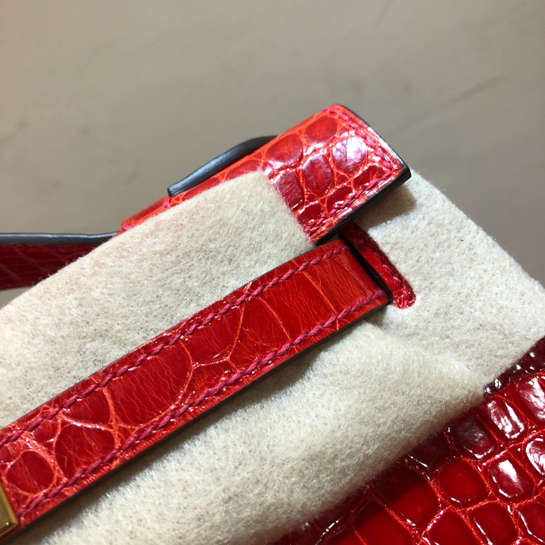 에르메스 미니 켈리백22 레드 금장 샤이니 악어가죽